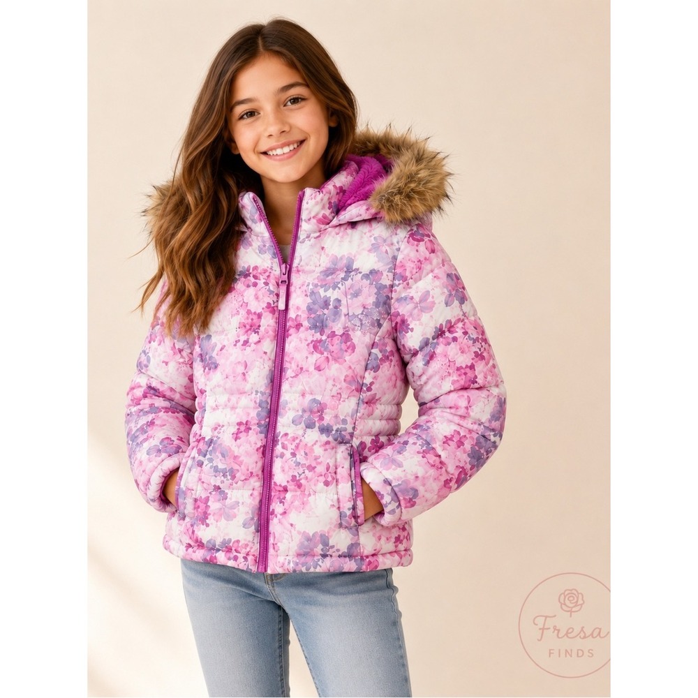 SO Girls Floral Puffer Jacket Faux Fur Hood Pink Purple Size 10/12